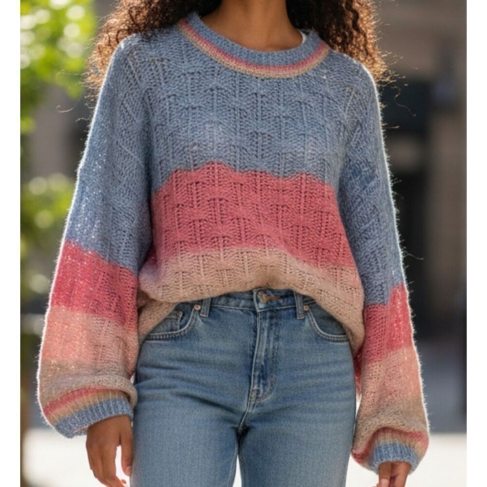 BiBi Chunky Knit Pullover Sweater Womens Size M Multicolor Striped Crew Neck